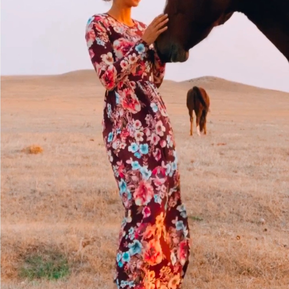 Maroon Floral Long Sleeve Maxi Dress